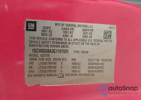 2012 Chevrolet Express 2500 Work Van из США, поврежденный, VIN 1GCWGGBA3C1167925